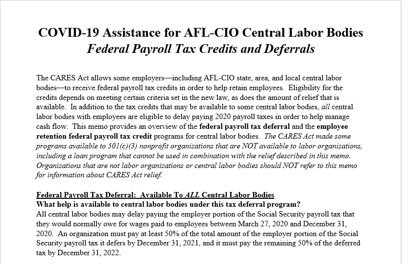 Memo re Payroll Tax Relief in the CARES Act for AFL-CIO Central Labor Bodies - April 8 2020