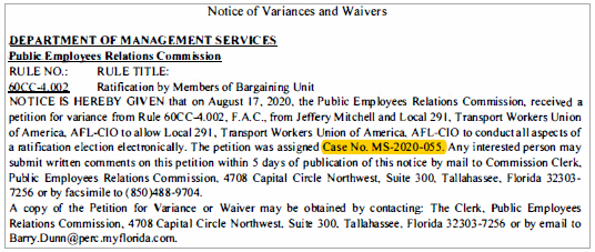 Notice of Variances and Waivers - DEPARTMENT OF MANAGEMENT SERVICES